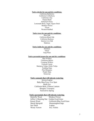 Native shrubs for sun and dry conditions:
                California Barberries
               California Coffeeberry
                  California Lilac
                    Flannel Bush
                 Hollyleaf Cherry
       Lemonade Berry, Sugar, Squaw Bush
                  Monkey Flower
                       Toyon
                 Western Redbud

      Native trees for sun and dry conditions:
                      Blue Oak
                California Black Oak
                 California Buckeye
                  Interior Live Oak
                      Madrone

     Native bulbs for sun and dry conditions:
                     Brodiaea
                      Onion
                    Soap Plant

Native perennial grasses for sun and dry conditions:
                   Blue Wildrye
                 California Melica
                 Creeping Wildrye
                  Fremont Camas
           Mariposa Tulips, Globe Tulips
                   Nodding Stipa
                   Pine Bluegrass
                    Purple Stipa
                     Stonecrop

   Native annuals that will tolerate watering:
                 Arroya Lupine
           Baby Blue Eyes, Five Spot
                    Birds Eye
        California Bells, Chinese Lantern
               Douglas’ Coreopsis
               Farewell to Spring

 Native perennials that will tolerate watering:
  Butterfly Weed          Monkey Flower
  Jeffrey’s Shooting Star Golden Eyed Grass
  Jimson Weed             California Blue Eyed Grass
  Marsh Marigold          Hummingbird Sage
  Sea Thrift              Lupine
  Wooly Yarrow            Iris, Violets


                                                       7
 