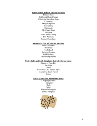 Native shrubs that will tolerate watering:
                      Buttonwillow
                 California Mock Orange
                California Snowdrop Bush
                        Ceanothus
                     Douglas Spiraea
                        Gooseberry
                        Manzanita
                     Mt. Cream Bush
                         Ninebark
                   Pallid Service Berry
                      Tree Anemone
                  Western Chokeberry

         Native trees that will tolerate watering:
                     Blue Elderberry
                        Box Elder
                       Foothill Ash
                     Fremont Popular
                      Red Elderberry
                    Western Sycamore

Native bulbs and bulb-like plants that will tolerate water:
                  Bloomers Tiger Lily
                        Brodiaea
                         Camas
              Chocolate Lily, Yellow Bells
                 Munz Iris, Bowl-Tubed
                         Onion

         Native grasses that will tolerate water:
                   Creeping Wildrye
                         Deergrass
                          Rush
                          Sedge
                  Slender Wheatgrass
                    Tufted Hairgrass




                                                              8
 