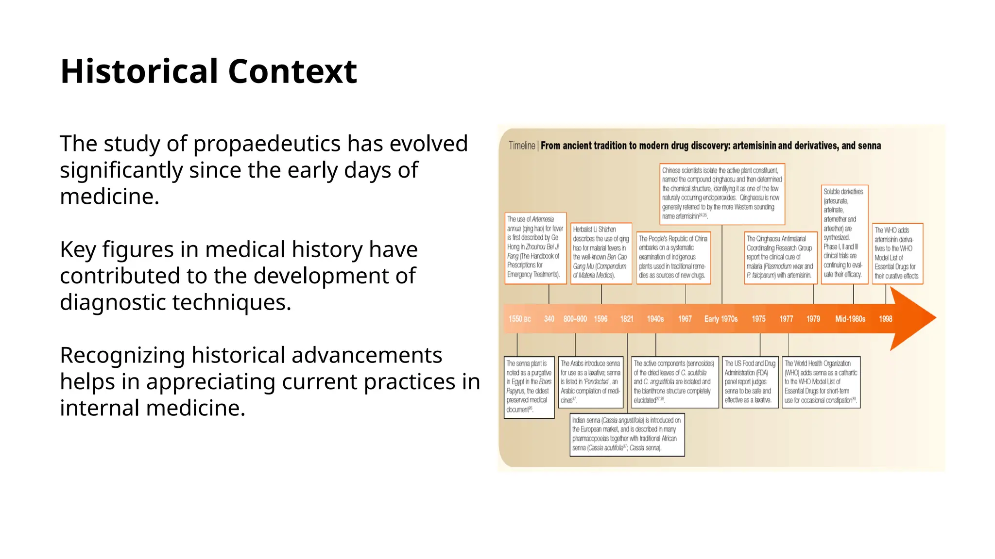 Historical Context
The study of propaedeutics has evolved
significantly since the early days of
medicine.
Key figures in medical history have
contributed to the development of
diagnostic techniques.
Recognizing historical advancements
helps in appreciating current practices in
internal medicine.
 
