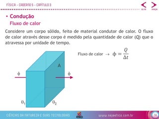 14
• Condução
Fluxo de calor
 
1 2
Considere um corpo sólido, feito de material condutor de calor. O fluxo
de calor através desse corpo é medido pela quantidade de calor (Q) que o
atravessa por unidade de tempo.
ϕ =
𝑄
Δ𝑡
Fluxo de calor 
A
 