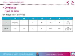 22
• Condução
Fluxo de calor
Unidades no SI e usuais:
 