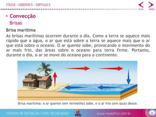31
• Convecção
Brisa marítima
Brisa marítima: o ar quente (em vermelho) sobe, e o ar frio (em azul) desce.
Brisas
As brisas marítimas ocorrem durante o dia. Como a terra se aquece mais
rápido que a água, o ar que está sobre a terra se aquece mais que o ar
que está sobre o oceano. O ar quente sobe, provocando o movimento do
ar mais frio, das áreas sobre o oceano para terra firme. Portanto,
durante o dia, o ar se move do oceano para o continente.
 