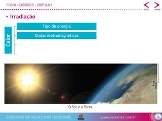 36
• Irradiação
O Sol e a Terra.
Dmitriy
Eremenkov/Shutterstock
Calor
Tipo de energia
Ondas eletromagnéticas
 