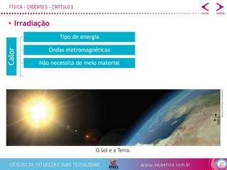 37
• Irradiação
O Sol e a Terra.
Dmitriy
Eremenkov/Shutterstock
Calor
Tipo de energia
Ondas eletromagnéticas
Não necessita de meio material
 