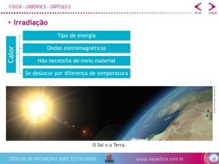 38
• Irradiação
O Sol e a Terra.
Dmitriy
Eremenkov/Shutterstock
Calor
Tipo de energia
Ondas eletromagnéticas
Não necessita de meio material
Se deslocar por diferença de temperatura
 