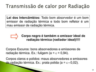 26
Lei dos Intercâmbios: Todo bom absorvedor é um bom
emissor de radiação térmica e todo bom refletor é um
mau emissor de radiação térmica.
Corpo negro é também o emissor ideal de
radiação térmica (radiador ideal)!!!!
Corpos Escuros: bons absorvedores e emissores de
radiação térmica. Ex.: fuligem (a =  = 0,94).
Corpos claros e polidos: maus absorvedores e emissores
de radiação térmica. Ex.: prata polida (a =  = 0,02).
 