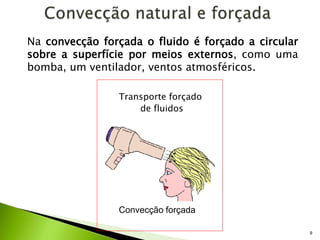 9
Na convecção forçada o fluido é forçado a circular
sobre a superfície por meios externos, como uma
bomba, um ventilador, ventos atmosféricos.
Convecção forçada
Transporte forçado
de fluidos
 
