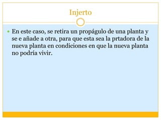 Injerto

 En este caso, se retira un propágulo de una planta y
 se e añade a otra, para que esta sea la prtadora de la
 nueva planta en condiciones en que la nueva planta
 no podría vivir.
 