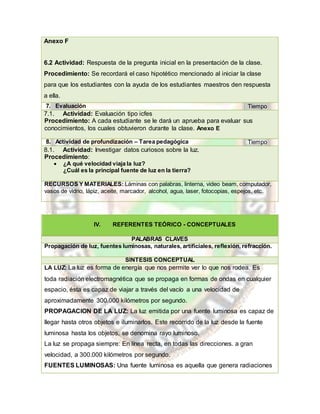 Anexo F
6.2 Actividad: Respuesta de la pregunta inicial en la presentación de la clase.
Procedimiento: Se recordará el caso hipotético mencionado al iniciar la clase
para que los estudiantes con la ayuda de los estudiantes maestros den respuesta
a ella.
7. Evaluación Tiempo
7.1. Actividad: Evaluación tipo icfes
Procedimiento: A cada estudiante se le dará un aprueba para evaluar sus
conocimientos, los cuales obtuvieron durante la clase. Anexo E
8. Actividad de profundización – Tarea pedagógica Tiempo
8.1. Actividad: Investigar datos curiosos sobre la luz.
Procedimiento:
 ¿A qué velocidad viaja la luz?
¿Cuál es la principal fuente de luz en la tierra?
RECURSOS Y MATERIALES: Láminas con palabras, linterna, video beam, computador,
vasos de vidrio, lápiz, aceite, marcador, alcohol, agua, laser, fotocopias, espejos, etc.
IV. REFERENTES TEÓRICO - CONCEPTUALES
PALABRAS CLAVES
Propagación de luz, fuentes luminosas, naturales, artificiales, reflexión, refracción.
SÍNTESIS CONCEPTUAL
LA LUZ: La luz es forma de energía que nos permite ver lo que nos rodea. Es
toda radiación electromagnética que se propaga en formas de ondas en cualquier
espacio, ésta es capaz de viajar a través del vacío a una velocidad de
aproximadamente 300.000 kilómetros por segundo.
PROPAGACION DE LA LUZ: La luz emitida por una fuente luminosa es capaz de
llegar hasta otros objetos e iluminarlos. Este recorrido de la luz desde la fuente
luminosa hasta los objetos, se denomina rayo luminoso.
La luz se propaga siempre: En línea recta, en todas las direcciones. a gran
velocidad, a 300.000 kilómetros por segundo.
FUENTES LUMINOSAS: Una fuente luminosa es aquella que genera radiaciones
 