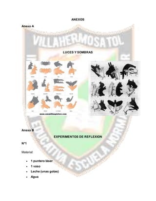 ANEXOS
Anexo A
LUCES Y SOMBRAS
Anexo B
EXPERIMENTOS DE REFLEXION
N°1
Material:
 1 puntero láser
 1 vaso
 Leche (unas gotas)
 Agua
 