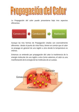 La Propagación del calor puede presentarse bajo tres aspectos
diferentes:




  Convección              Conducción                  Radiación


Aunque las tres formas de Propagación citadas son esencialmente
diferentes desde el punto de vista físico, tienen en común que el calor
se propaga en general de una región a otra donde la temperatura es
inferior.

Entonces se entiende por propagación del calor la trasferencia de la
energía molecular de una región a otra Como sabemos, el calor es una
manifestación de la energía de las moléculas de un cuerpo.
 