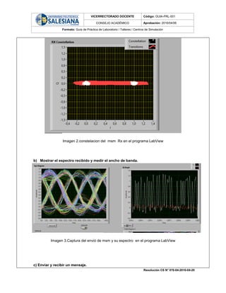 VICERRECTORADO DOCENTE Código: GUIA-PRL-001
CONSEJO ACADÉMICO Aprobación: 2016/04/06
Formato: Guía de Práctica de Laboratorio / Talleres / Centros de Simulación
Resolución CS N° 076-04-2016-04-20
Imagen 2.constelacion del msm Rx en el programa LabView
b) Mostrar el espectro recibido y medir el ancho de banda.
Imagen 3.Captura del envió de msm y su espectro en el programa LabView
c) Enviar y recibir un mensaje.
 