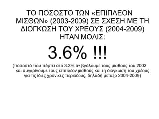 ΤΟ ΠΟΣΟΣΤΟ ΤΩΝ «ΕΠΙΠΛΕΟΝ ΜΙΣΘΩΝ» (2003-2009) ΣΕ ΣΧΕΣΗ ΜΕ ΤΗ ΔΙΟΓΚΩΣΗ ΤΟΥ ΧΡΕΟΥΣ (2004-2009) ΗΤΑΝ ΜΟΛΙΣ: 3.6% !!!   (ποσοστό που πέφτει στο 3.3% αν βγάλουμε τους μισθούς του 2003 και συγκρίνουμε τους επιπλέον μισθούς και τη διόγκωση του χρέους για τις ίδιες χρονικές περιόδους, δηλαδή μεταξύ 2004-2009) 