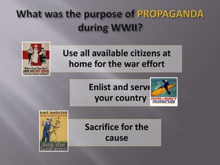 Use all available citizens at
home for the war effort
Enlist and serve
your country
Sacrifice for the
cause
 