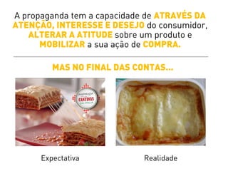 MAS NO FINAL DAS CONTAS...
Expectativa Realidade
A propaganda tem a capacidade de ATRAVÉS DA
ATENÇÃO, INTERESSE E DESEJO do consumidor,
ALTERAR A ATITUDE sobre um produto e
MOBILIZAR a sua ação de COMPRA.
 