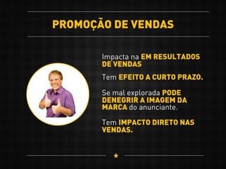 PROMOÇÃO DE VENDAS
Impacta na EM RESULTADOS
DE VENDAS
Tem EFEITO A CURTO PRAZO.
Tem IMPACTO DIRETO NAS
VENDAS.
Se mal explorada PODE
DENEGRIR A IMAGEM DA
MARCA do anunciante.
 