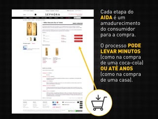Cada etapa do
AIDA é um
amadurecimento
do consumidor
para a compra.
O processo PODE
LEVAR MINUTOS
(como na compra
de uma coca-cola)
OU ATÉ ANOS
(como na compra
de uma casa).
 