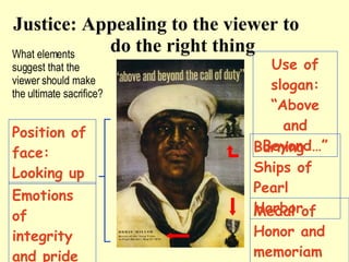 Justice: Appealing to the viewer to  do the right thing Use of slogan: “Above and Beyond…” Position of face: Looking up Burning Ships of Pearl Harbor Medal of Honor and memoriam  Emotions of integrity and pride What elements suggest that the viewer should make the ultimate sacrifice? 