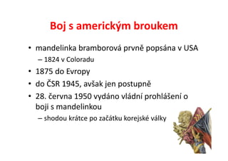 Boj s americkým broukem
• mandelinka bramborová prvně popsána v USA
  – 1824 v Coloradu
• 1875 do Evropy
• do ČSR 1945, avšak jen postupně
• 28. června 1950 vydáno vládní prohlášení o
  boji s mandelinkou
  – shodou krátce po začátku korejské války
 