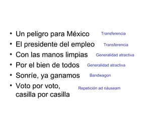 Un peligro para México El presidente del empleo Con las manos limpias Por el bien de todos Sonríe, ya ganamos Voto por voto,  casilla por casilla Transferencia Transferencia Generalidad atractiva Generalidad atractiva Bandwagon Repetición ad náuseam 