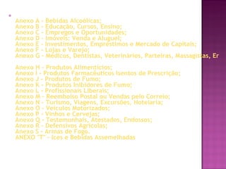 Anexo A - Bebidas Alcoólicas;  Anexo B - Educação, Cursos, Ensino;   Anexo C - Empregos e Oportunidades;  Anexo D - Imóveis: Venda e Aluguel;  Anexo E - Investimentos, Empréstimos e Mercado de Capitais;  Anexo F - Lojas e Varejo;   Anexo G - Médicos, Dentistas, Veterinários, Parteiras, Massagistas, Enfermeiros, Serviços Hospitalares, Paramédicos, Para-hospitalares, Produtos Protéticos e Tratamentos;   Anexo H - Produtos Alimentícios;  Anexo I - Produtos Farmacêuticos Isentos de Prescrição;   Anexo J - Produtos de Fumo;  Anexo K - Produtos Inibidores de Fumo;   Anexo L - Profissionais Liberais;  Anexo M - Reembolso Postal ou Vendas pelo Correio;  Anexo N - Turismo, Viagens, Excursões, Hotelaria;  Anexo O - Veículos Motorizados;  Anexo P - Vinhos e Cervejas;  Anexo Q - Testemunhais, Atestados, Endossos;  Anexo R - Defensivos Agrícolas;  Anexo S - Armas de Fogo.  ANEXO "T" - Ices e Bebidas Assemelhadas    
