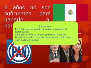 VOTA
6 años no son
suficientes para
ganarle al
narcotráfico.
Con tu ayuda lo lograremos
Silogismos:
En 6 años no se puede cambiar, ni ganarle al
narcotráfico.
Vota por el PAN para que ganemos la batalla.
Necesitamos de tu ayuda para hacerlo, solo con tu
voto podemos ganar.
 