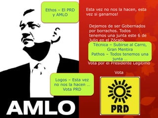 Esta vez no nos la hacen, esta
vez si ganamos!
Dejemos de ser Gobernados
por borrachos. Todos
tenemos una junta este 6 de
Julio en el Zócalo.
Vota por el Presidente Legitimo
Vota
Ethos – El PRD
y AMLO
Técnica – Subirse al Carro,
Gran Mentira
Pathos – Todos tenemos una
junta …
Logos – Esta vez
no nos la hacen …
Vota PRD
 