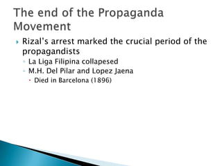 Rizal’s arrest marked the crucial period of the propagandistsLa Liga Filipina collapesedM.H. Del Pilar and Lopez JaenaDied in Barcelona (1896)The end of the Propaganda Movement