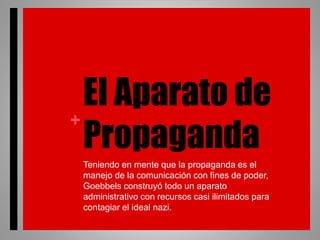 +
El Aparato de
Propaganda
Teniendo en mente que la propaganda es el
manejo de la comunicación con fines de poder,
Goebbels construyó todo un aparato
administrativo con recursos casi ilimitados para
contagiar el ideal nazi.
 