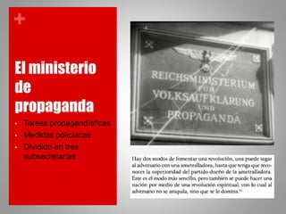 +
El ministerio
de
propaganda
• Tareas propagandísticas
• Medidas policiacas
• Dividido en tres
subsecretarías
 