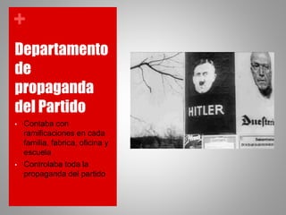 +
Departamento
de
propaganda
del Partido
• Contaba con
ramificaciones en cada
familia, fabrica, oficina y
escuela
• Controlaba toda la
propaganda del partido
 