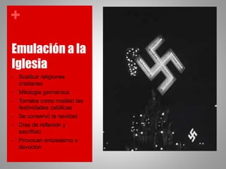 +
Emulación a la
Iglesia
• Sustituir religiones
cristianas
• Mitologia germánica
• Tomaba como modelo las
festividades católicas
• Se conservó la navidad
• Días de reflexión y
sacrificio
• Provocan entusiasmo o
devoción
 