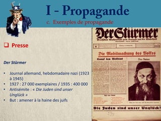 c. Exemples de propagande



 Presse

Der Stürmer

• Journal allemand, hebdomadaire nazi (1923
  à 1945)
• 1927 : 27 000 exemplaires / 1935 : 400 000
• Antisémite : « Die Juden sind unser
  Unglück »
• But : amener à la haine des juifs
 