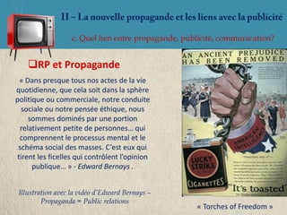 c. Quel lien entre propagande, publicité, communication?


    RP et Propagande
  « Dans presque tous nos actes de la vie
quotidienne, que cela soit dans la sphère
politique ou commerciale, notre conduite
  sociale ou notre pensée éthique, nous
     sommes dominés par une portion
  relativement petite de personnes… qui
  comprennent le processus mental et le
 schéma social des masses. C’est eux qui
 tirent les ficelles qui contrôlent l’opinion
      publique… » - Edward Bernays .


 Illustration avec la vidéo d’Edward Bernays –
         Propaganda = Public relations
                                                     « Torches of Freedom »
 
