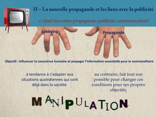 c. Quel lien entre propagande, publicité, communication?

                         Lobbying                                  Propagande




Objectif : Influencer la conscience humaine et propager l’information essentielle pour le commanditaire


              a tendance à s’adapter aux                     au contraire, fait tout son
           situations quotidiennes qui sont                  possible pour changer ces
                  déjà dans la société.                     conditions pour ses propres
                                                                      objectifs.
 