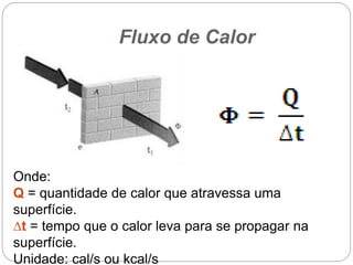 Fluxo de Calor
Onde:
Q = quantidade de calor que atravessa uma
superfície.
∆t = tempo que o calor leva para se propagar na
superfície.
Unidade: cal/s ou kcal/s
 