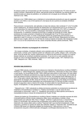 As estacas podem ser armazenadas por até 4 semanas a uma temperatura de 1ºC antes de serem
postas à enraizar. Dependendo da cultivar, este período pode ser modificado. As mesmas podem ser
acondicionadas em caixas de polietileno, em ambiente com circulação de ar (Kofranek, 1980;
Hartmann et al. 1988).
Hartmann et al. (1988) relatam que o crisântemo é comercialmente produzido em casa de vegetação
durante o ano inteiro, e ao ar livre apenas em uma época do ano quando as condições climáticas
forem amenas.
Para promover o enraizamento, são aplicados na base das estacas, talco contendo 0,1 a 0,2 % de IBA
(ácido indolbutírico). As estacas deverão ser distribuídas num espaçamento de 2,5 cm na linha e 5,0
cm na entre-linha. Em casa de vegetação, a temperatura deve estar entre 15º a 18ºC e o substrato
entre 18º a 21ºC. Torna-se benéfico a nebulização intermitente, durante todo processo de
enraizamento. O crisântemo necessita de dia longo no estágio de produção de mudas. Alguns
produtores de mudas aumentam a freqüência de nebulização das 10 as 15 horas quando a
intensidade de luz é maior, no verão a nebulização poderá ser programada para funcionar por 6
segundos a cada 15 minutos e no inverno 6 segundos a cada 30 minutos. Dependendo da cultivar,
época do ano e região, dentro de 10 a 20 dias as mudas já estarão enraizadas. São desejáveis mudas
com 1,5 a 2,0 cm de comprimento de raiz, raízes compridas dificulta o plantio (Kofranek, 1980).
Substratos utilizados na propagação do crisântemo
Em nossas condições, é bastante utilizado como substrato areia de rio lavada ou casca de arroz
carbonizada, contudo outros materiais podem ser utilizados como: perlita, esfagno, turfa, vermiculita,
areia, cinza de carvão fino, escória, pedra-pome e a mistura de solo arenoso e musgo ou a mistura
desses materiais se constituem excelentes substratos. O uso de um ou outro substrato está em
função do custo e da disponibilidade dos mesmos em cada região (Lopes, 1977; Hartmann et al.
1990; Takeyoshi et al. 1983; Kofranek, 1980).
REVISÃO BIBLIOGRÁFICA
Cuquel (1982) estudou enraizamento de estacas de crisântemo (Dendranthema morifolium RAMAT.)
TZVELEV cv. "yellow Reagan 622, tratadas com ácido indolbutírico, adicionado em talco (meio sólido)
e meio líquido, na concentração de 500, 1000 e 2000 ppm para ambos os dois meios. No meio sólido
o tratamento foi efetuado encostando-se a base da estaca no talco e no meio líquido, por imersão da
base das estacas durante 5 segundos e 30, 60 e 90 minutos. As avaliações foram efetuadas aos 10,
12 e 14 dias após o plantio das estacas. Conclui-se que o enraizamento de estacas de crisântemo é
dependente da dosagem de IBA, tempo de imersão, do veículo utilizado e das idades de transplante.
Os melhores resultados foram detectados nas combinações entre 0 e 500 ppm de IBA e imersos
durante 5 segundos e até no máximo 30 minutos. O veículo sólido foi mais eficiente que o veículo
líquido. O transplante a 12 dias apresentou melhores resultados na produção.
Takeyoshi et al. ( 1983 ) estudando os efeitos de diversos substratos no enraizamento de estacas de
crisântemo (Chrysanthemum morifolium cv. Polaris) recomendam o uso de casca de arroz
carbonizada ou vermiculita + solo (1:1) , ressaltando que quando se utiliza apenas vermiculita há
necessidade de elevar o tempo de enraizamento de 14 para 18 dias.
Estacas de hastes de (Chrysanthemum morifolium Ramat.) tratadas com soluções aquosas de ácido
2-cloroetil-fosfórico (Ethrel) e ácido indolbutírico (IBA), foram submetidas a imersão e duas
pulverizações nas cultivares "Mrs. Roy" e "Clipper". O Ethrel (1 mg/l) promoveu o crescimento de
raízes e a ramificação, tais cultivares são consideradas como difíceis de enraizar, porém esse
tratamento não causou efeito sobre a cultivar "Improved mifo" que é de fácil enraizamento. O IBA
promoveu o aumento no número de raízes das cultivares "Clipper" e "Improved mifo". Acredita-se que
o Ethrel e IBA atuam em diferentes estágios de enraizamento, o IBA promove o início do
enraizamento enquanto o Ethrel estimula a elongação e ramificação (Samananda et al. 1972).
 