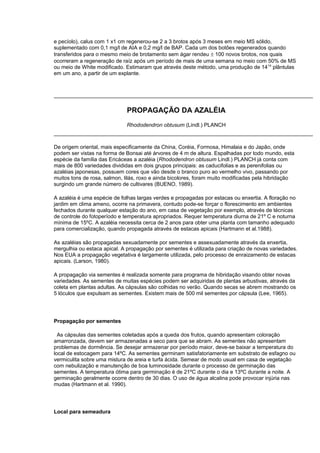 e pecíolo), calus com 1 x1 cm regenerou-se 2 a 3 brotos após 3 meses em meio MS sólido,
suplementado com 0,1 mg/l de AIA e 0,2 mg/l de BAP. Cada um dos botões regenerados quando
transferidos para o mesmo meio de brotamento sem ágar rendeu ± 100 novos brotos, nos quais
ocorreram a regeneração de raíz após um período de mais de uma semana no meio com 50% de MS
ou meio de White modificado. Estimaram que através deste método, uma produção de 1414
plântulas
em um ano, a partir de um explante.
PROPAGAÇÃO DA AZALÉIA
Rhododendron obtusum (Lindl.) PLANCH
De origem oriental, mais especificamente da China, Coréia, Formosa, Himalaia e do Japão, onde
podem ser vistas na forma de Bonsai até árvores de 4 m de altura. Espalhadas por todo mundo, esta
espécie da família das Ericáceas a azaléia (Rhododendron obtusum Lindl.) PLANCH já conta com
mais de 800 variedades divididas em dois grupos principais: as caducifolias e as perenifolias ou
azaléias japonesas, possuem cores que vão desde o branco puro ao vermelho vivo, passando por
muitos tons de rosa, salmon, lilás, roxo e ainda bicolores, foram muito modificadas pela hibridação
surgindo um grande número de cultivares (BUENO, 1989).
A azaléia é uma espécie de folhas largas verdes e propagadas por estacas ou enxertia. A floração no
jardim em clima ameno, ocorre na primavera, contudo pode-se forçar o florescimento em ambientes
fechados durante qualquer estação do ano, em casa de vegetação por exemplo, através de técnicas
de controle do fotoperíodo e temperatura apropriados. Requer temperatura diurna de 21º C e noturna
mínima de 15ºC. A azaléia necessita cerca de 2 anos para obter uma planta com tamanho adequado
para comercialização, quando propagada através de estacas apicais (Hartmann et al.1988).
As azaléias são propagadas sexuadamente por sementes e assexuadamente através da enxertia,
mergulhia ou estaca apical. A propagação por sementes é utilizada para criação de novas variedades.
Nos EUA a propagação vegetativa é largamente utilizada, pelo processo de enraizamento de estacas
apicais. (Larson, 1980).
A propagação via sementes é realizada somente para programa de hibridação visando obter novas
variedades. As sementes de muitas espécies podem ser adquiridas de plantas arbustivas, através da
coleta em plantas adultas. As cápsulas são colhidas no verão. Quando secas se abrem mostrando os
5 lóculos que expulsam as sementes. Existem mais de 500 mil sementes por cápsula (Lee, 1965).
Propagação por sementes
As cápsulas das sementes coletadas após a queda dos frutos, quando apresentam coloração
amarronzada, devem ser armazenadas a seco para que se abram. As sementes não apresentam
problemas de dormência. Se desejar armazenar por período maior, deve-se baixar a temperatura do
local de estocagem para 14ºC. As sementes germinam satisfatoriamente em substrato de esfagno ou
vermiculita sobre uma mistura de areia e turfa ácida. Semear de modo usual em casa de vegetação
com nebulização e manutenção de boa luminosidade durante o processo de germinação das
sementes. A temperatura ótima para germinação é de 21ºC durante o dia e 13ºC durante a noite. A
germinação geralmente ocorre dentro de 30 dias. O uso de água alcalina pode provocar injúria nas
mudas (Hartmann et al. 1990).
Local para semeadura
 