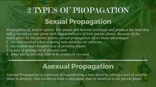 Sexual Propagation
Propagation by seed or spores. The plants will become fertilized and produce the seed that
will grow into a new plant with characteristics of both parent plants. Because of the
traits given by the parent plants, sexual propagation offers these advantages:
1 . the only method when creating new varieties or cultivars,
2 . the easiest and cheapest way of growing plants:
3 . a way of getting rid of diseases and
4 . some plants are only able to be produced via seed
Asexual Propagation
Asexual Propagation is a process of regenerating a new plant by taking a part of another
plant to develop. This results to have a new plant that in identical to its parent plant.
2 TYPES OF PROPAGATION
 