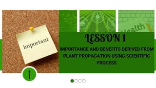 2 3 4
LESSON 1
IMPORTANCE AND BENEFITS DERIVED FROM
PLANT PROPAGATION USING SCIENTIFIC
PROCESS
1
 
