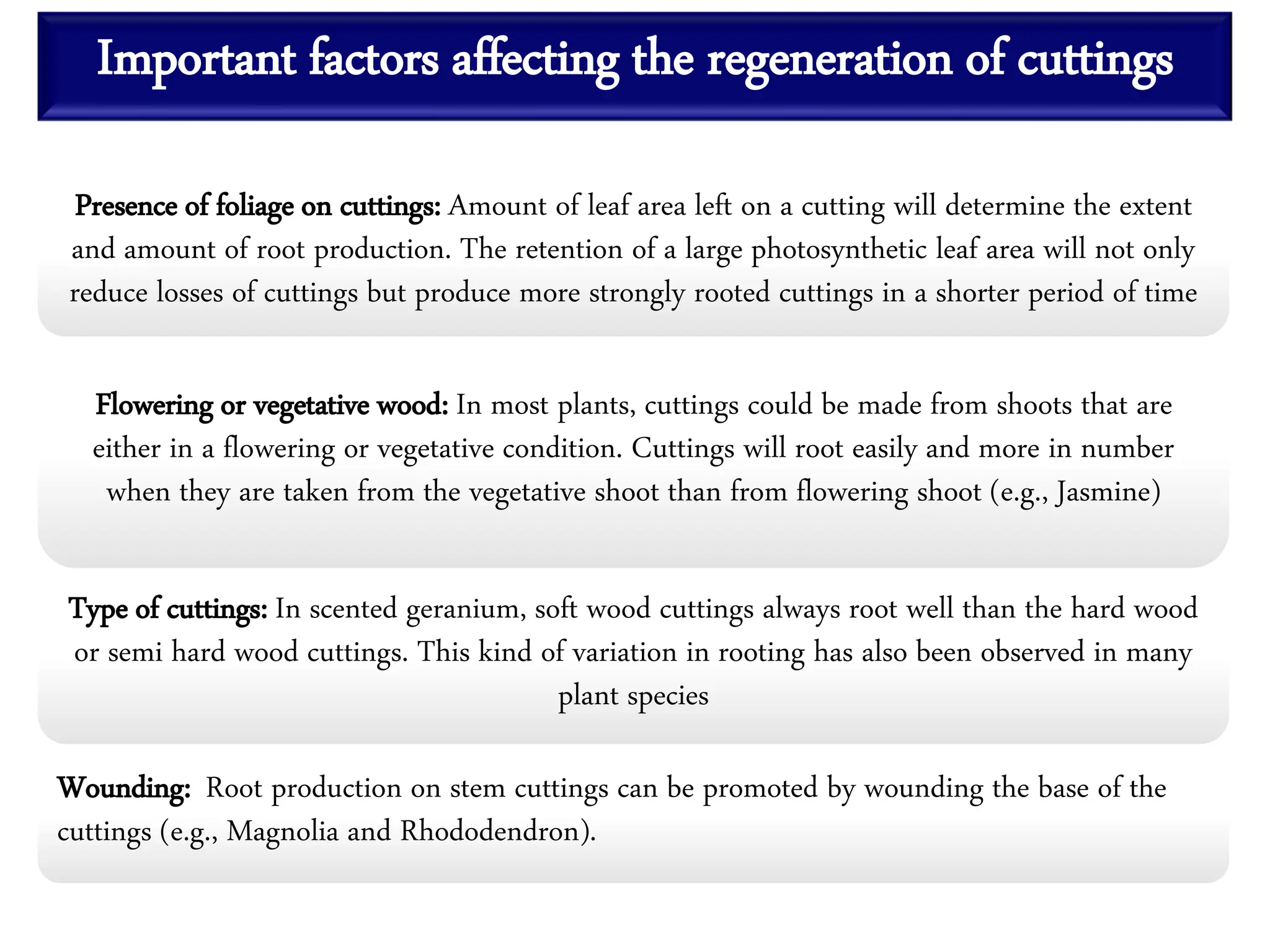 Important factors affecting the regeneration of cuttings
Presence of foliage on cuttings: Amount of leaf area left on a cutting will determine the extent
and amount of root production. The retention of a large photosynthetic leaf area will not only
reduce losses of cuttings but produce more strongly rooted cuttings in a shorter period of time
Flowering or vegetative wood: In most plants, cuttings could be made from shoots that are
either in a flowering or vegetative condition. Cuttings will root easily and more in number
when they are taken from the vegetative shoot than from flowering shoot (e.g., Jasmine)
Type of cuttings: In scented geranium, soft wood cuttings always root well than the hard wood
or semi hard wood cuttings. This kind of variation in rooting has also been observed in many
plant species
Wounding: Root production on stem cuttings can be promoted by wounding the base of the
cuttings (e.g., Magnolia and Rhododendron).
 