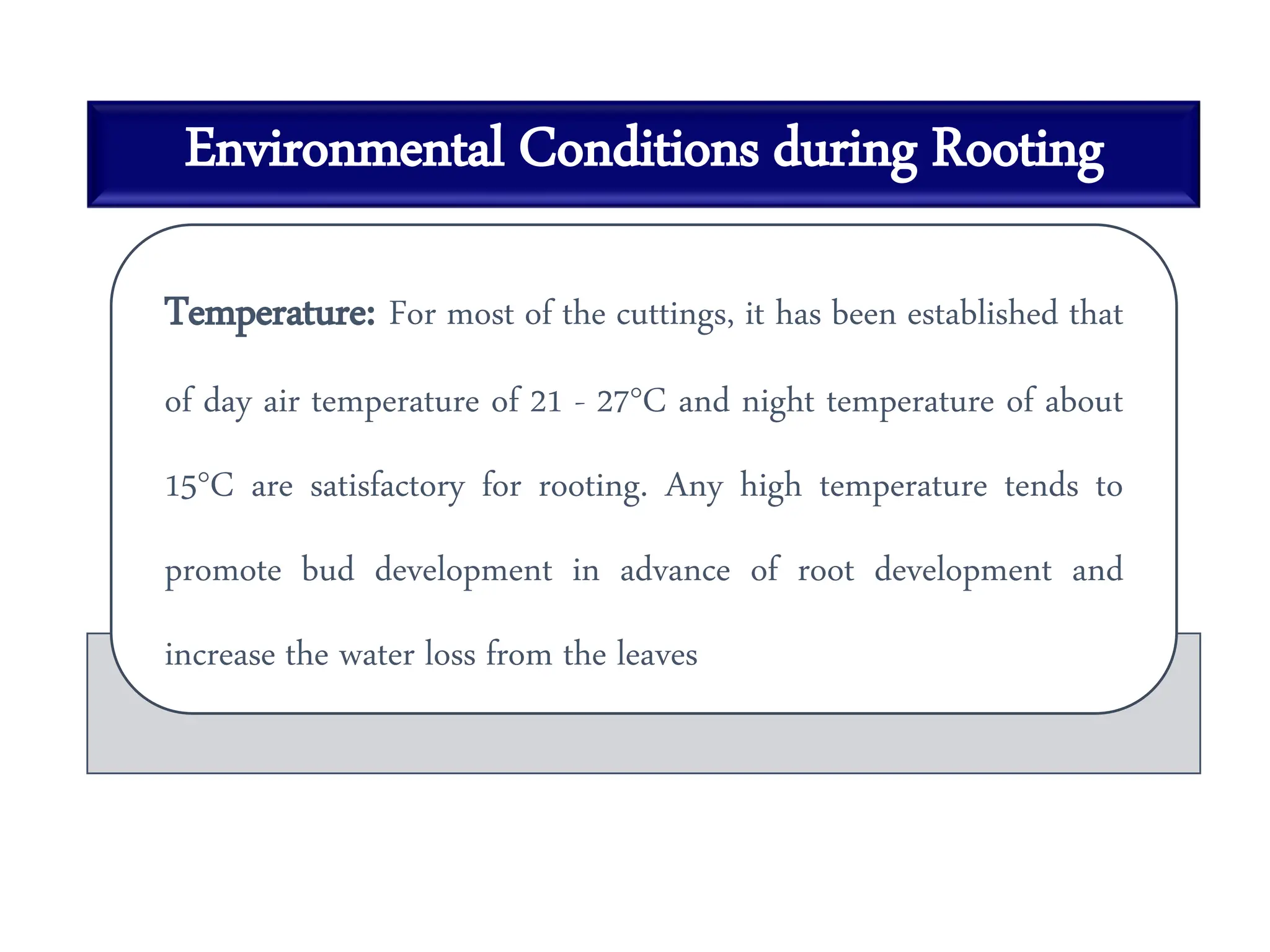 Environmental Conditions during Rooting
Temperature: For most of the cuttings, it has been established that
of day air temperature of 21 - 27°C and night temperature of about
15°C are satisfactory for rooting. Any high temperature tends to
promote bud development in advance of root development and
increase the water loss from the leaves
 