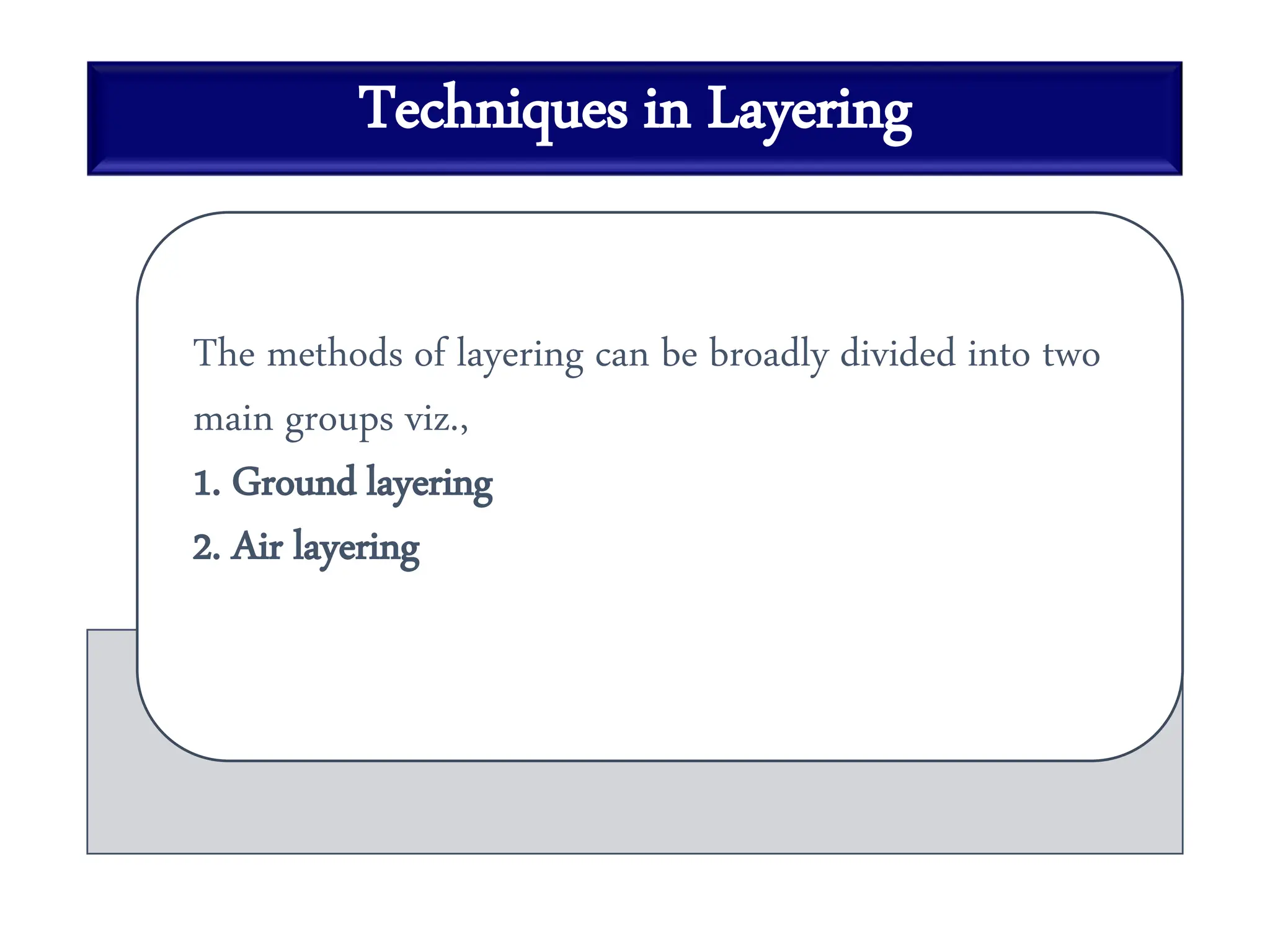Techniques in Layering
The methods of layering can be broadly divided into two
main groups viz.,
1. Ground layering
2. Air layering
 