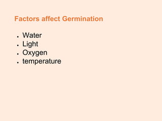 Factors affect Germination
● Water
● Light
● Oxygen
● temperature
 