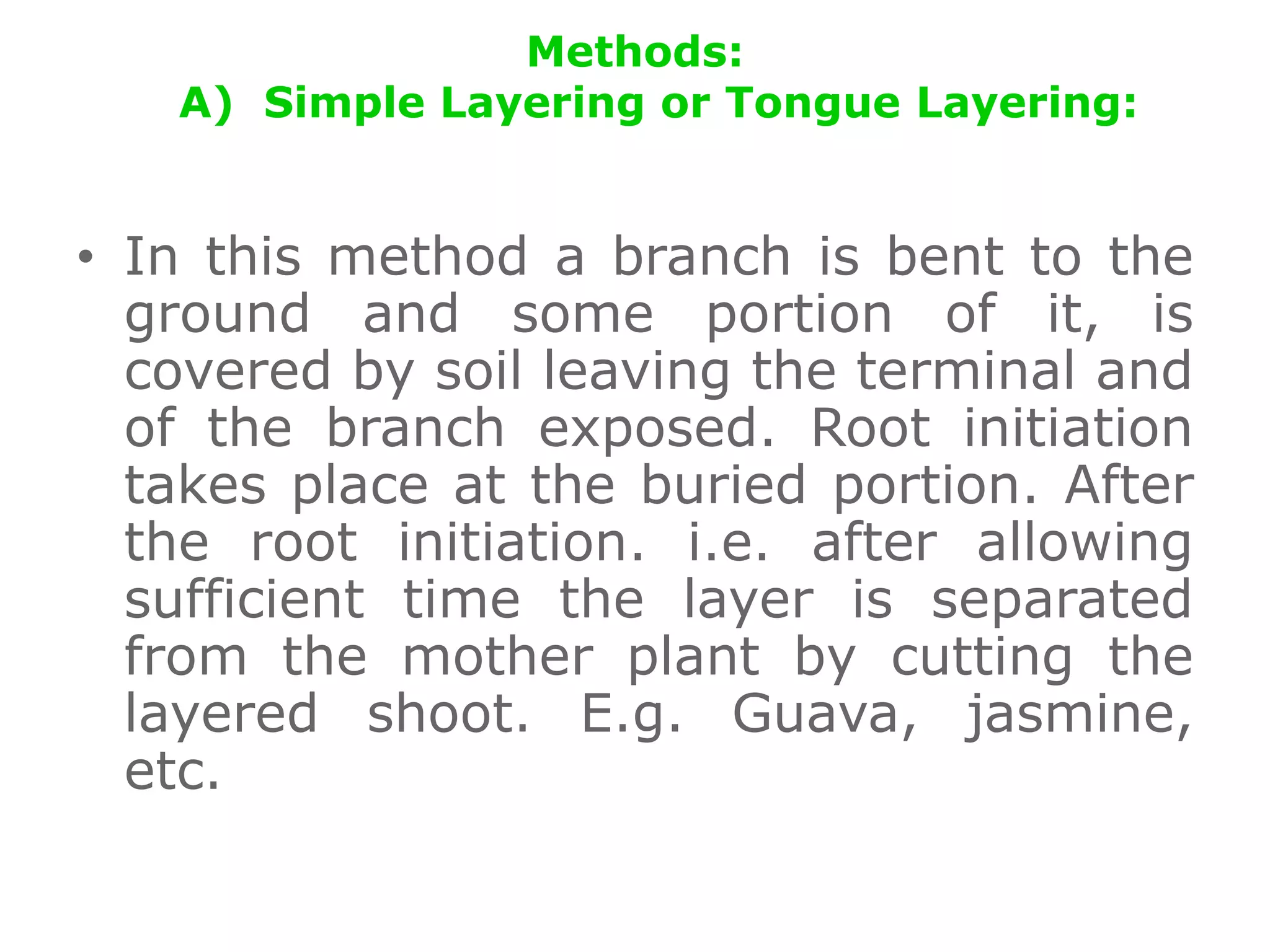 Methods:
A) Simple Layering or Tongue Layering:
• In this method a branch is bent to the
ground and some portion of it, is
covered by soil leaving the terminal and
of the branch exposed. Root initiation
takes place at the buried portion. After
the root initiation. i.e. after allowing
sufficient time the layer is separated
from the mother plant by cutting the
layered shoot. E.g. Guava, jasmine,
etc.
 