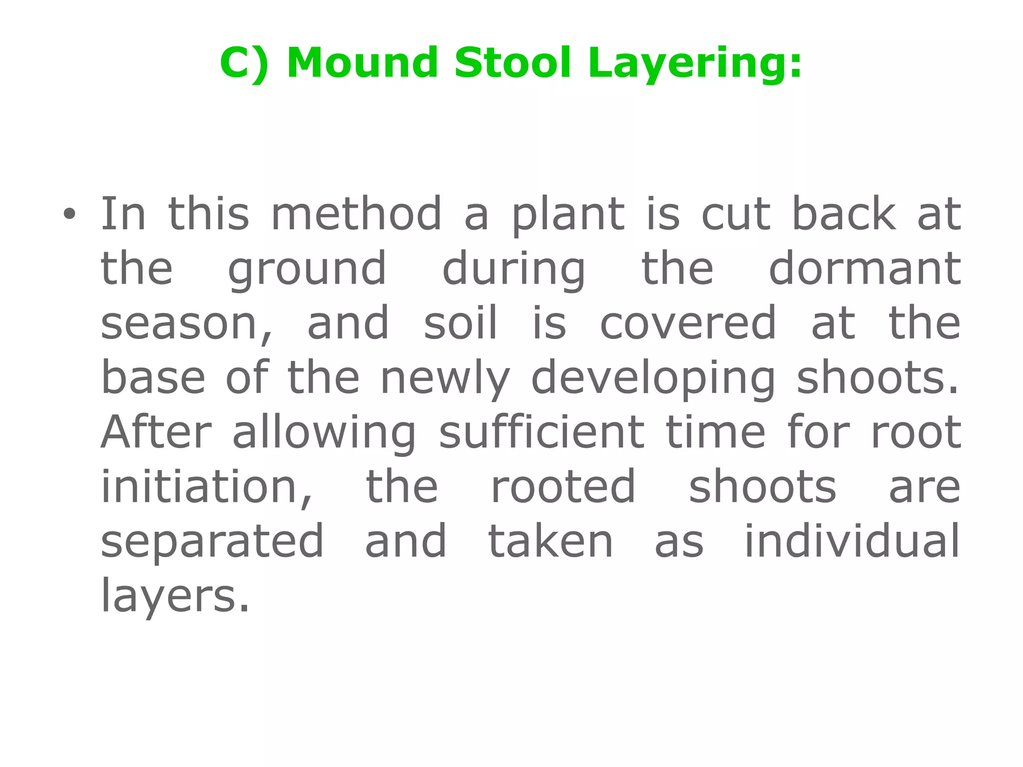 C) Mound Stool Layering:
• In this method a plant is cut back at
the ground during the dormant
season, and soil is covered at the
base of the newly developing shoots.
After allowing sufficient time for root
initiation, the rooted shoots are
separated and taken as individual
layers.
 