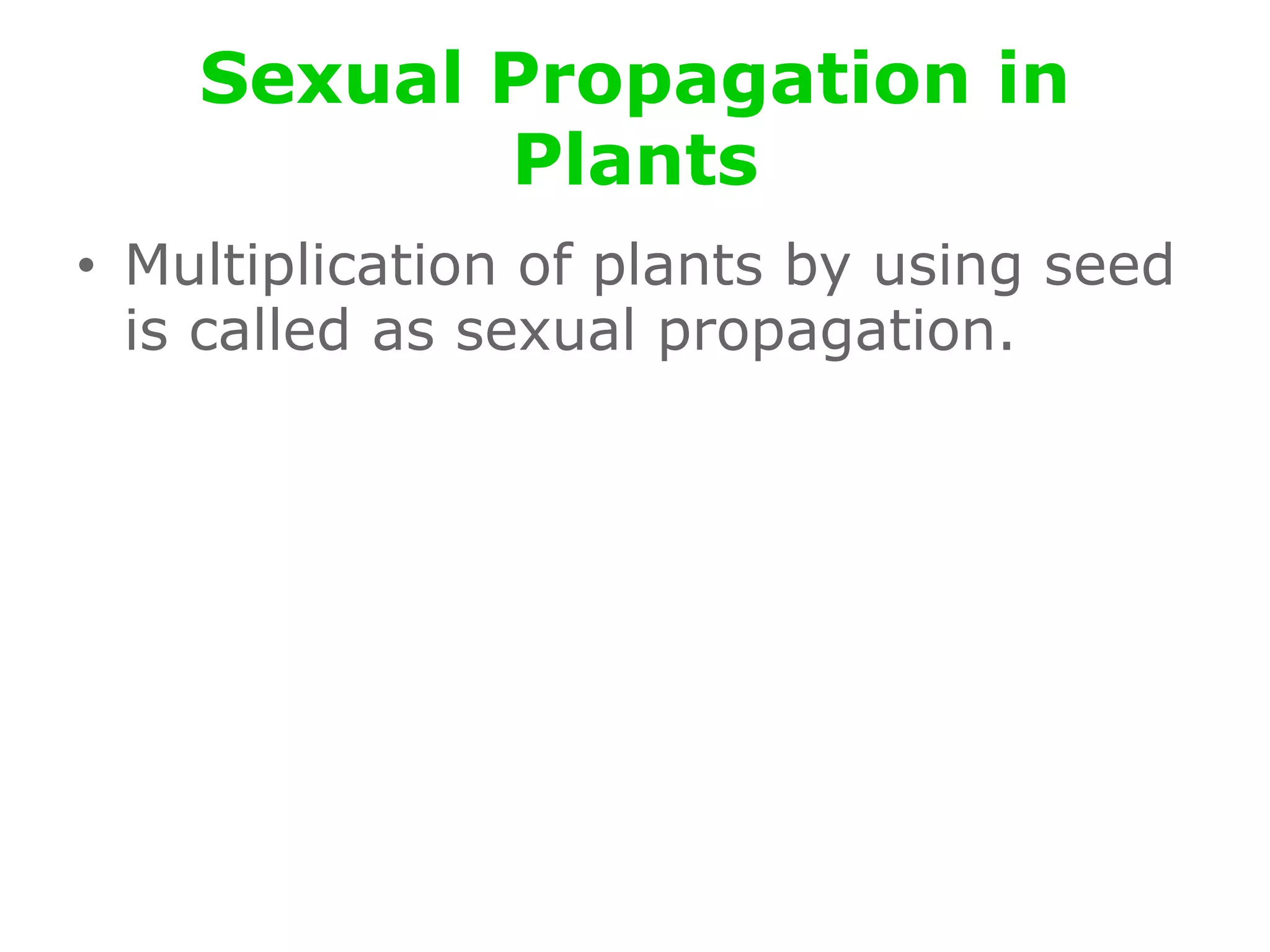 Sexual Propagation in
Plants
• Multiplication of plants by using seed
is called as sexual propagation.
 