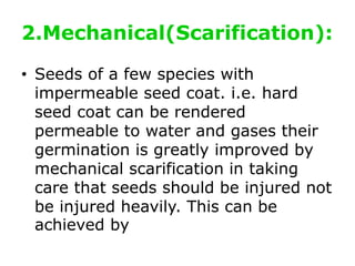 2.Mechanical(Scarification):
• Seeds of a few species with
impermeable seed coat. i.e. hard
seed coat can be rendered
permeable to water and gases their
germination is greatly improved by
mechanical scarification in taking
care that seeds should be injured not
be injured heavily. This can be
achieved by
 