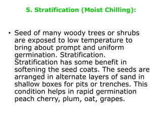 5. Stratification (Moist Chilling):
• Seed of many woody trees or shrubs
are exposed to low temperature to
bring about prompt and uniform
germination. Stratification.
Stratification has some benefit in
softening the seed coats. The seeds are
arranged in alternate layers of sand in
shallow boxes for pits or trenches. This
condition helps in rapid germination
peach cherry, plum, oat, grapes.
 