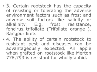 • 3. Certain rootstock has the capacity
of resisting or tolerating the adverse
environment factors such as frost and
adverse soil factors like salinity or
alkalinity. E.g. frost resistance,
foncirus trifoliate (Trifoliate orange ).
Rangpur lime.
• 4. The ability of certain rootstock to
resistant pest and diseases can be
advantageously expected. An apple
when grafted on rootstock like Merton
778,793 is resistant for wholly aphid.
 